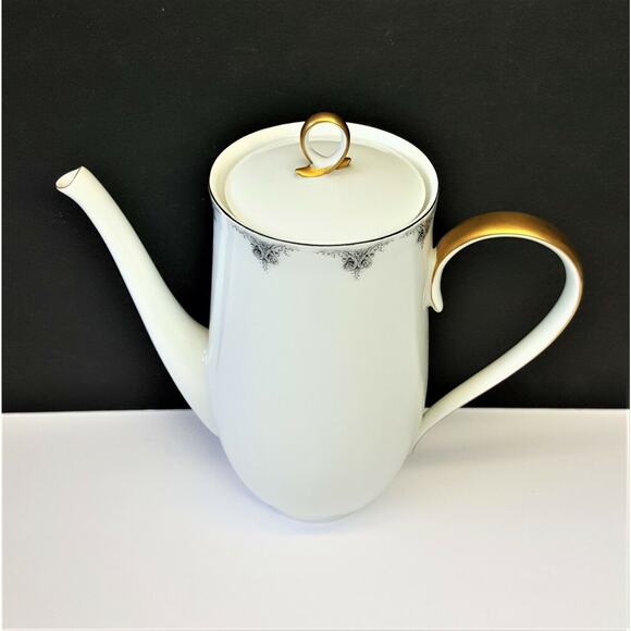 Block China Coffee Pot w/ Lid Chambord Limoges 7-1/2"h Gray/Black on White - Picture 2 of 7